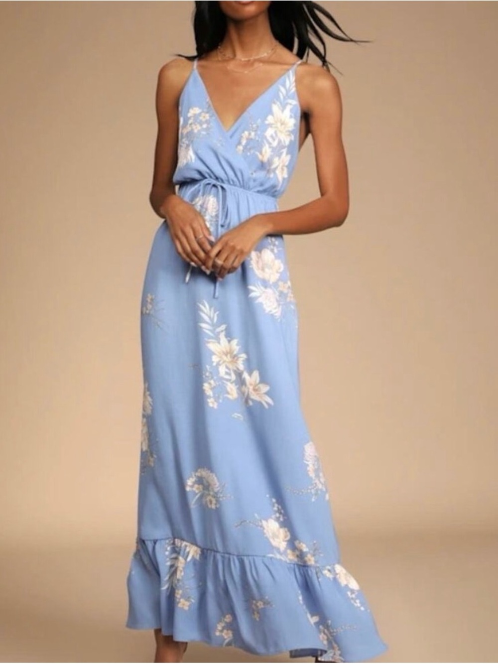 Lulu's Light Blue Floral Maxi Dress with V-Neck and Tie Waist